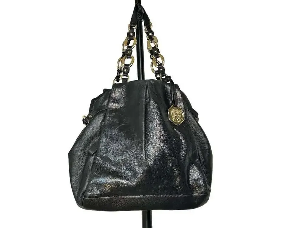 Vince Camuto Black Pebbled Leather Hobo Shoulder Bag with Gold-Tone Chain Link D